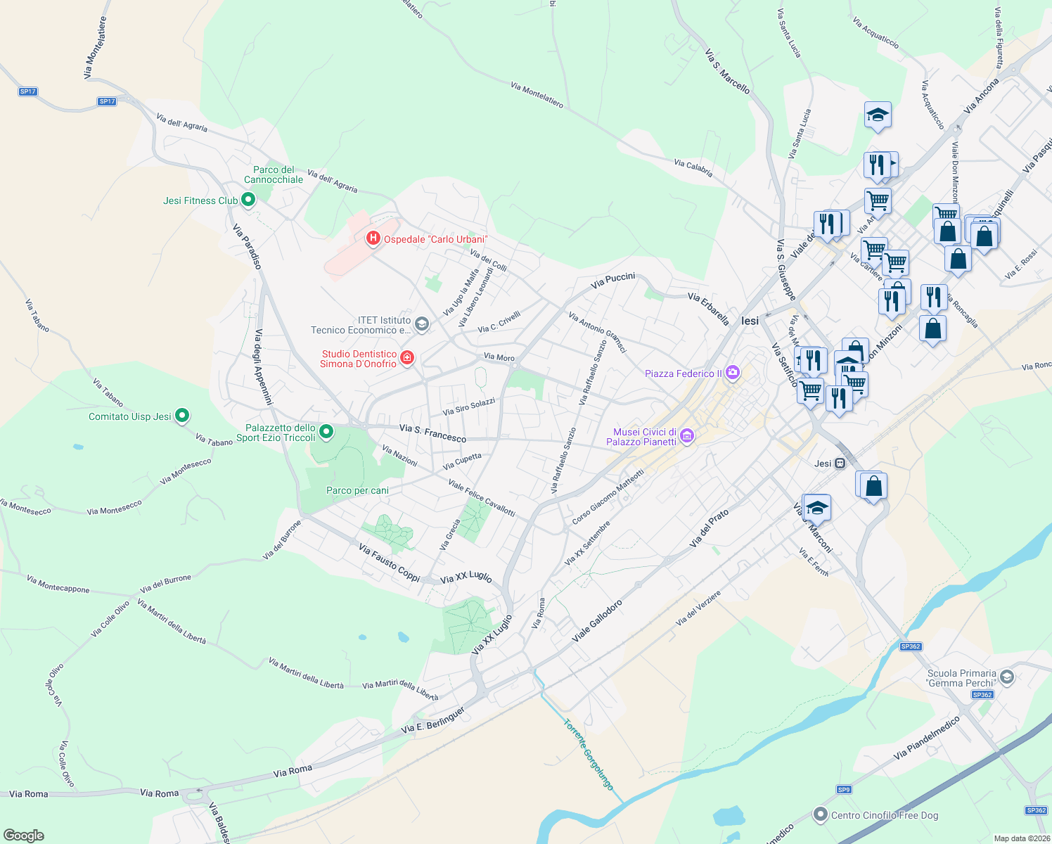 map of restaurants, bars, coffee shops, grocery stores, and more near 5 Via Antonino Sarti in Jesi