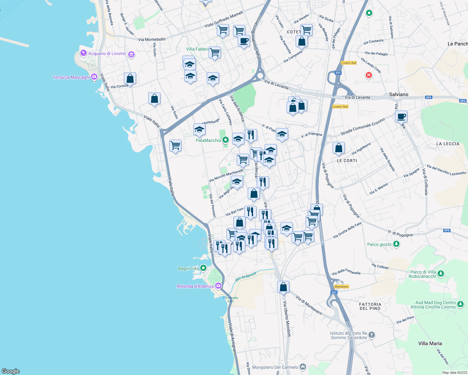 map of restaurants, bars, coffee shops, grocery stores, and more near 28 Via degli Oleandri in Livorno