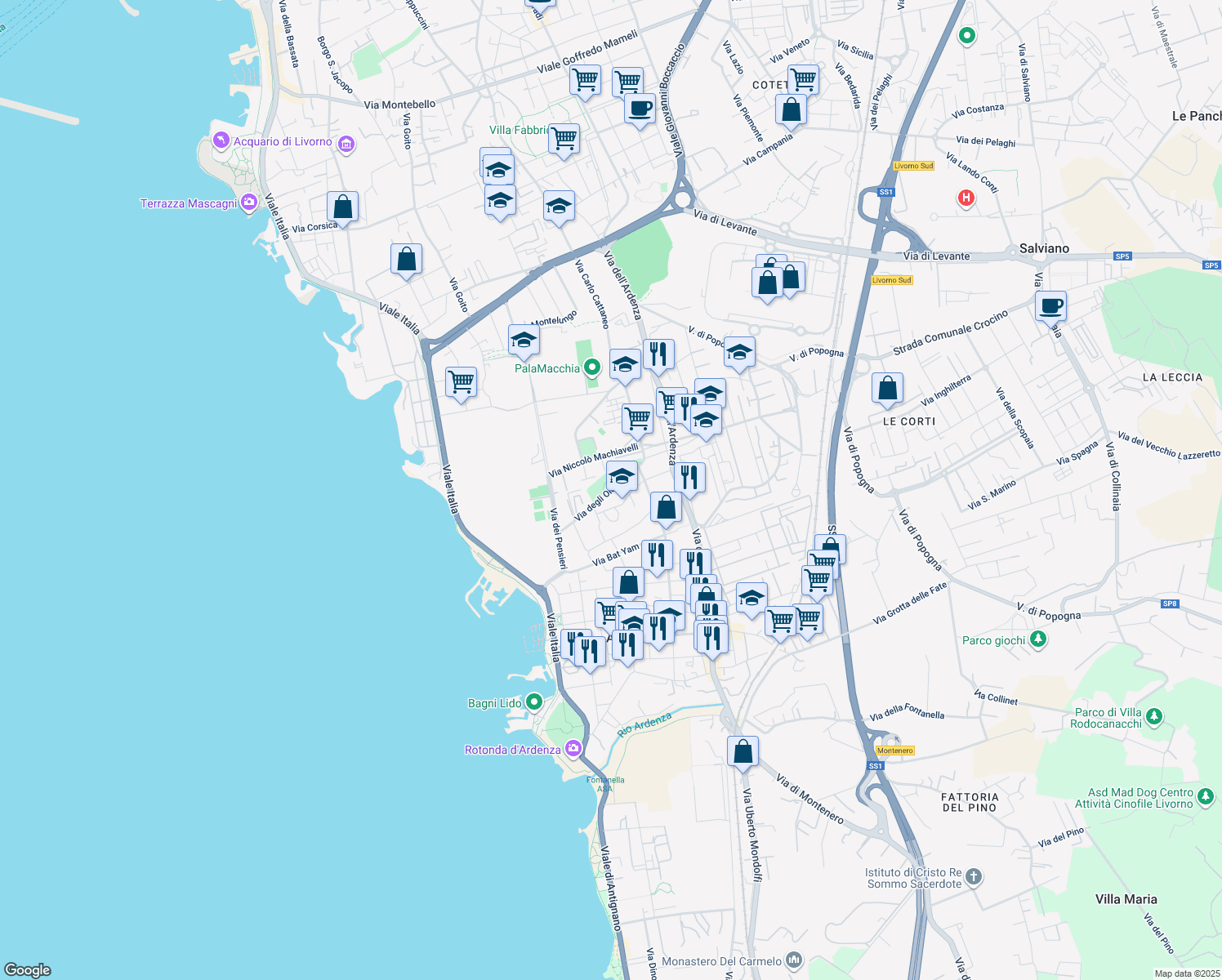 map of restaurants, bars, coffee shops, grocery stores, and more near 28 Via degli Oleandri in Livorno