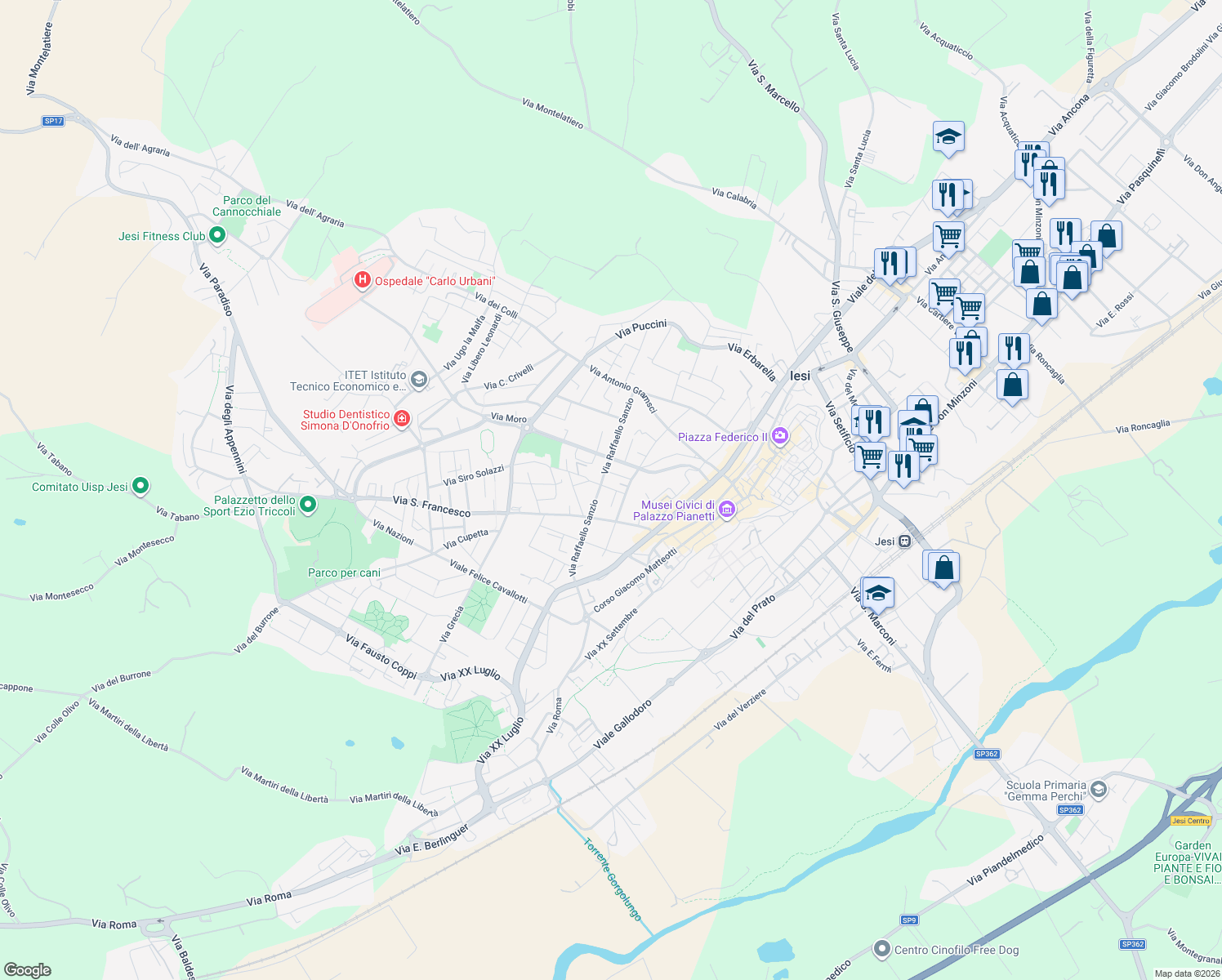 map of restaurants, bars, coffee shops, grocery stores, and more near 38/1 Via Raffaello Sanzio in Jesi