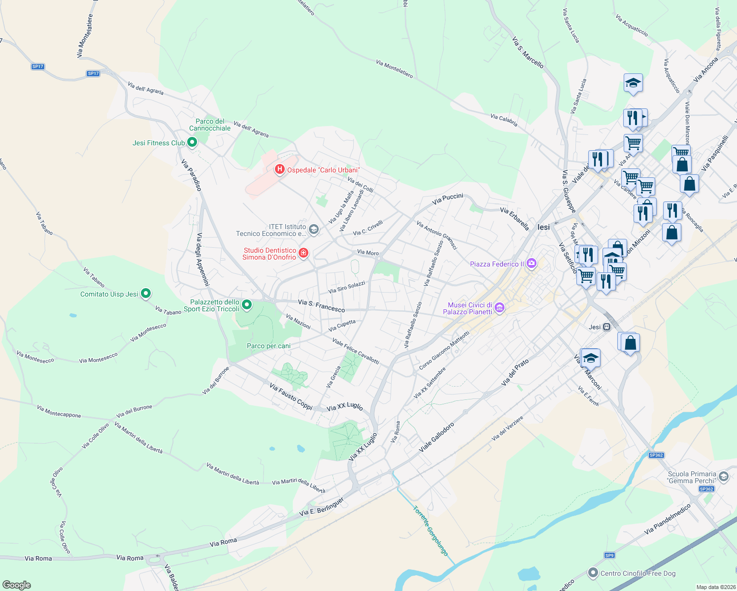 map of restaurants, bars, coffee shops, grocery stores, and more near 26 Viale Giuseppe Verdi in Jesi