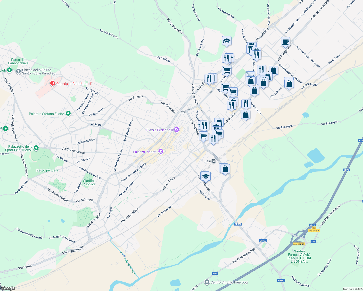map of restaurants, bars, coffee shops, grocery stores, and more near 9 Via delle Conce in Jesi