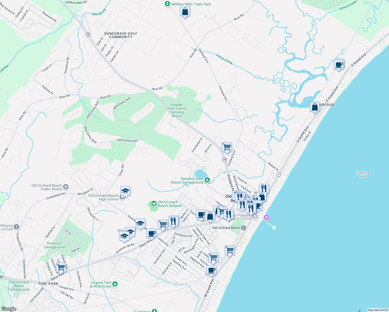 map of restaurants, bars, coffee shops, grocery stores, and more near 23 Birch Lane in Old Orchard Beach