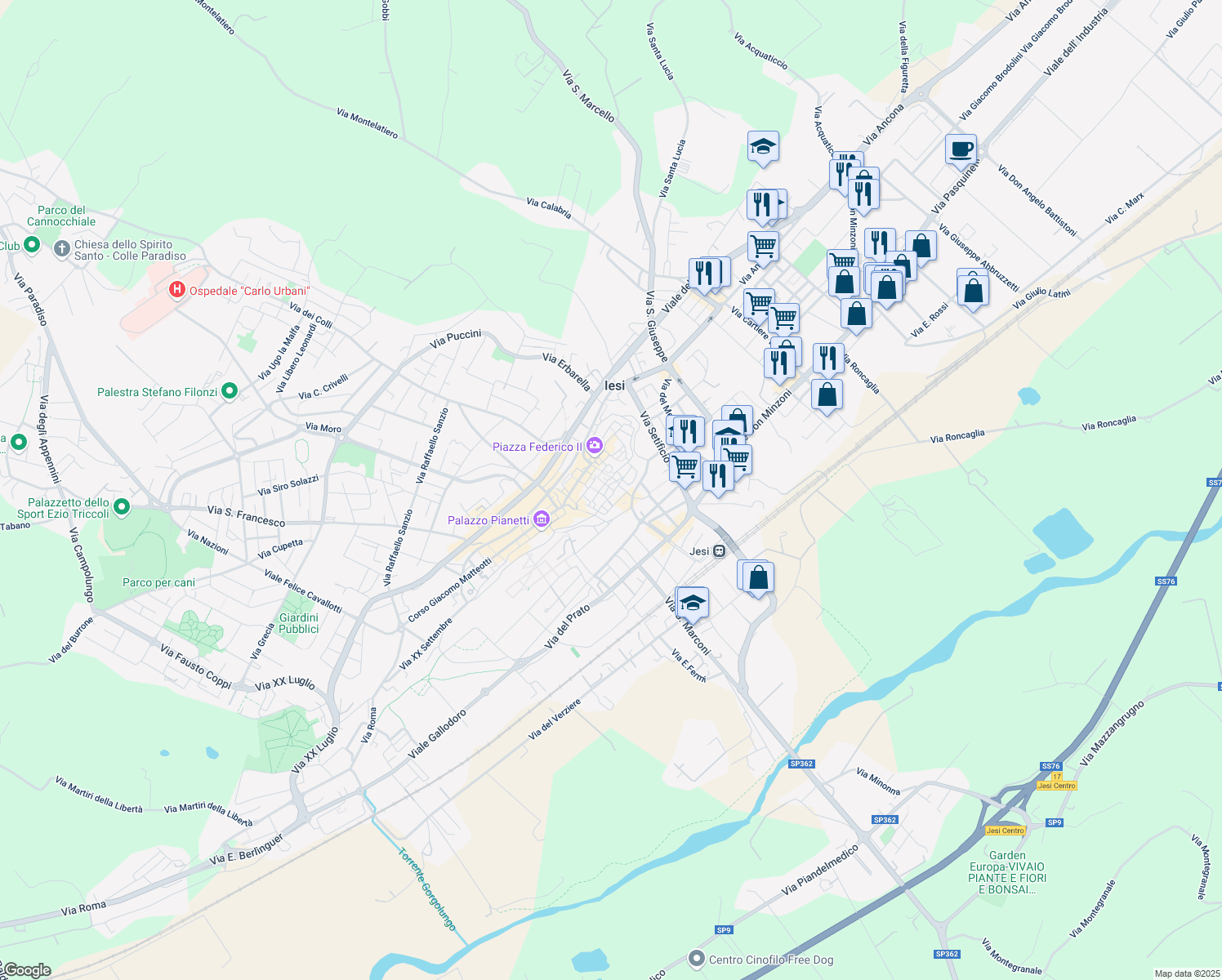 map of restaurants, bars, coffee shops, grocery stores, and more near 9 Via delle Conce in Jesi