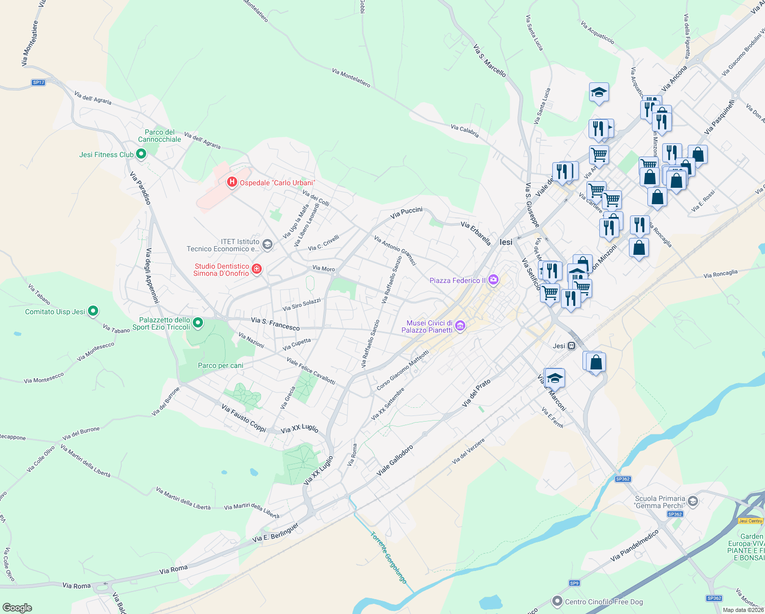 map of restaurants, bars, coffee shops, grocery stores, and more near 381 Via Raffaello Sanzio in Jesi