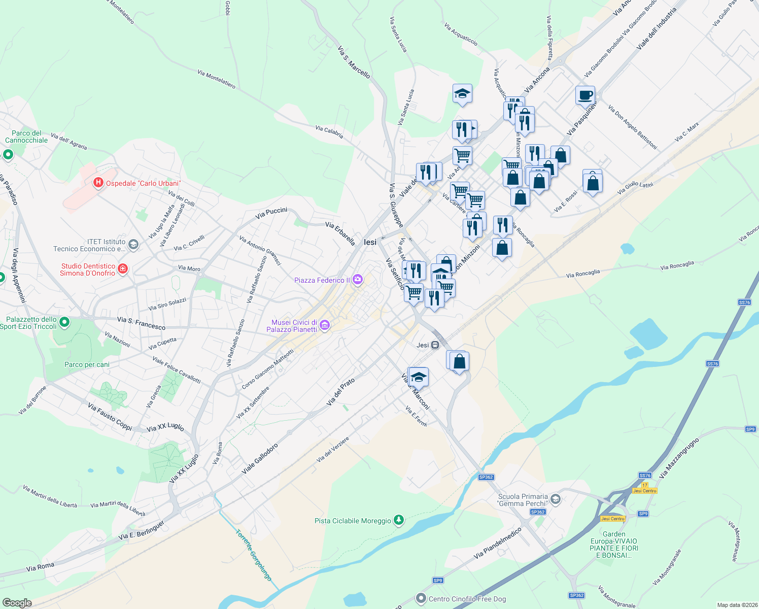 map of restaurants, bars, coffee shops, grocery stores, and more near 9 Via delle Conce in Jesi