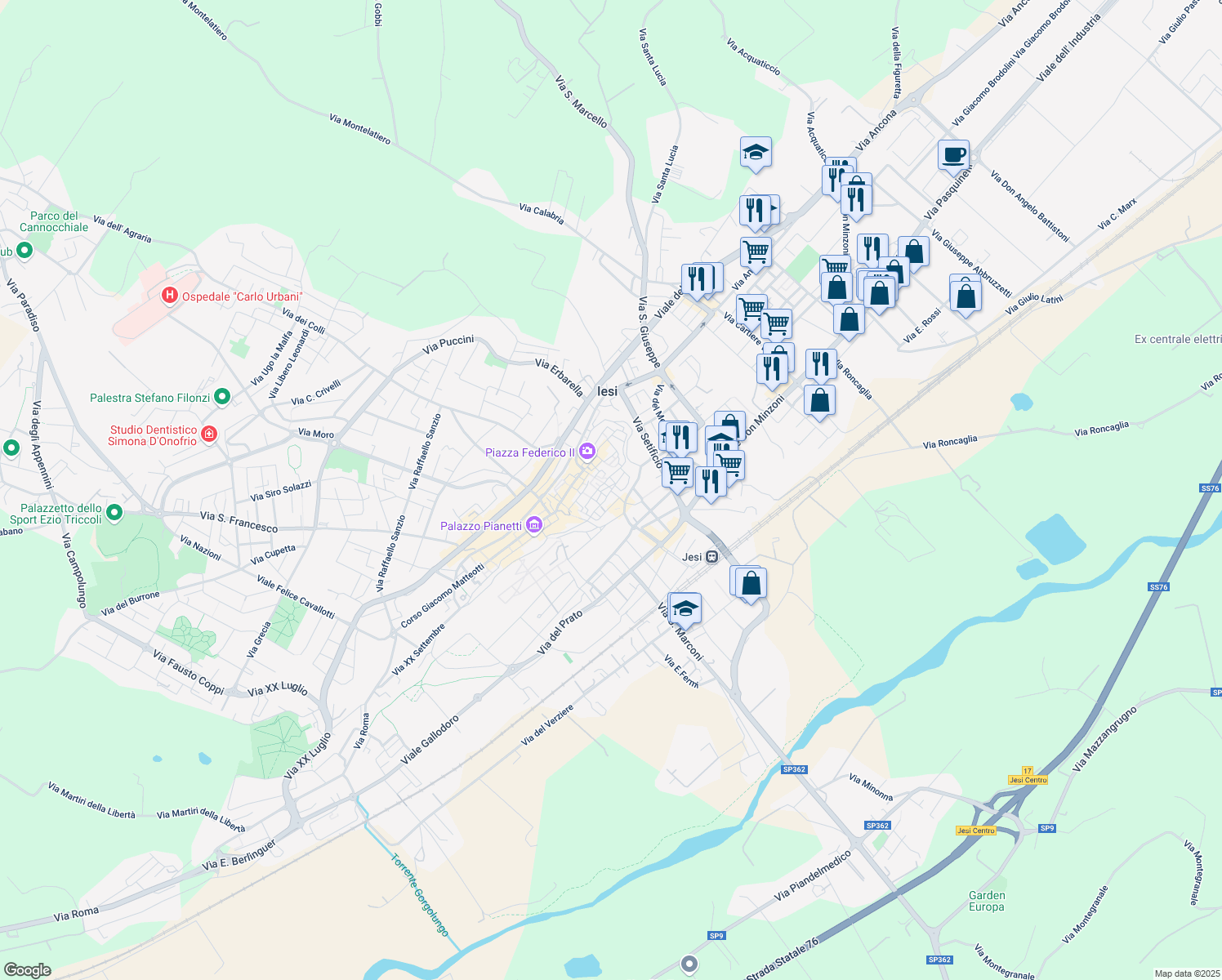 map of restaurants, bars, coffee shops, grocery stores, and more near 12A Via Valle in Jesi