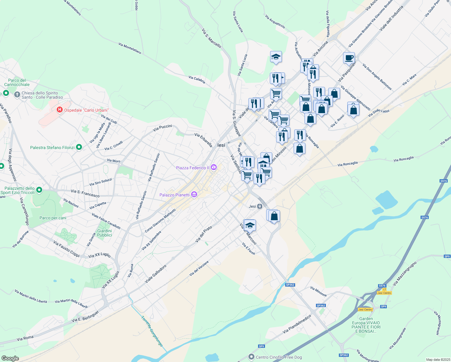map of restaurants, bars, coffee shops, grocery stores, and more near 12A Via Valle in Jesi