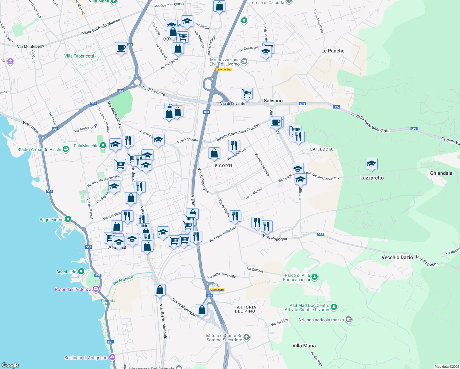 map of restaurants, bars, coffee shops, grocery stores, and more near Via delle Corti in Livorno