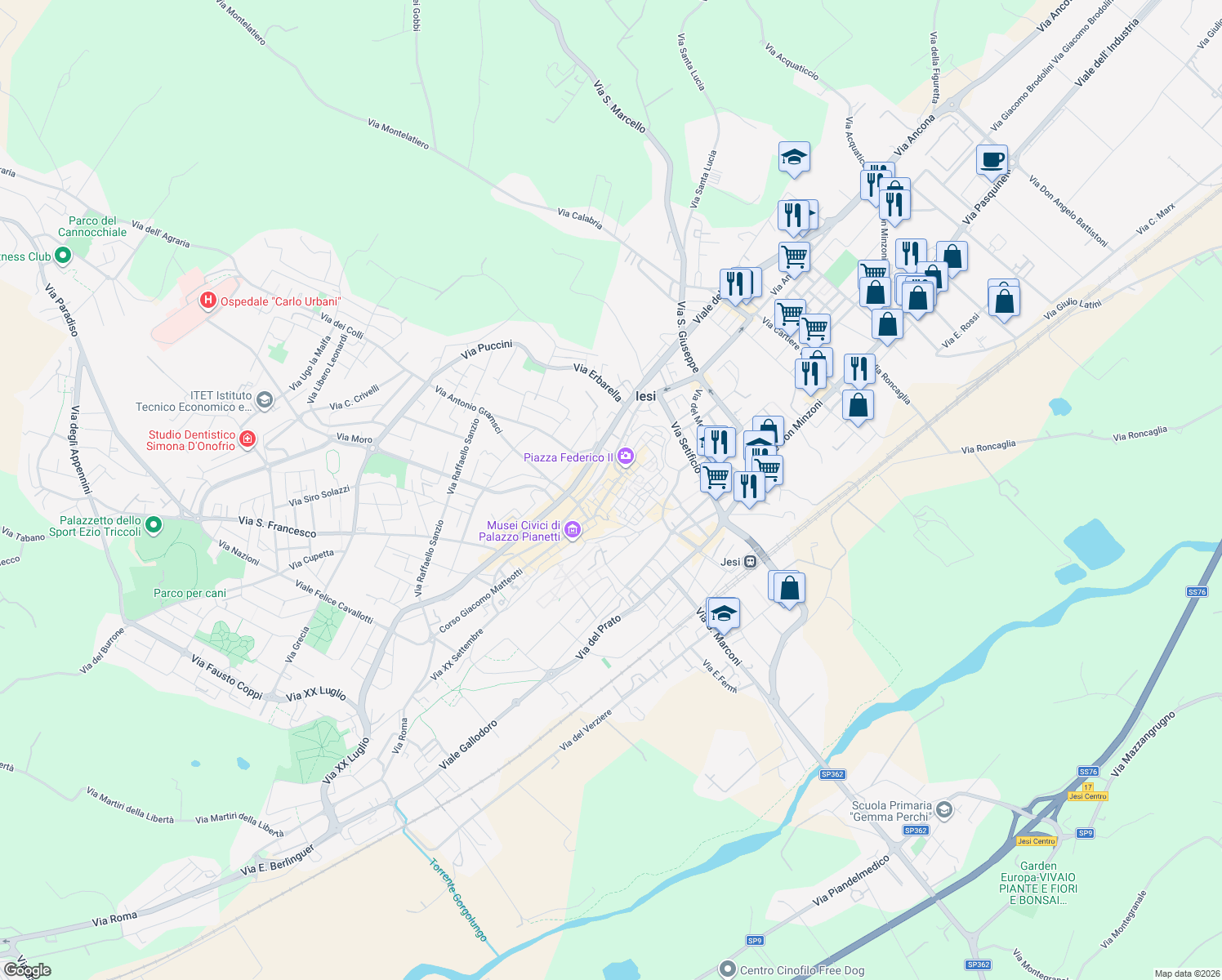 map of restaurants, bars, coffee shops, grocery stores, and more near 54 Via Pergolesi in Jesi