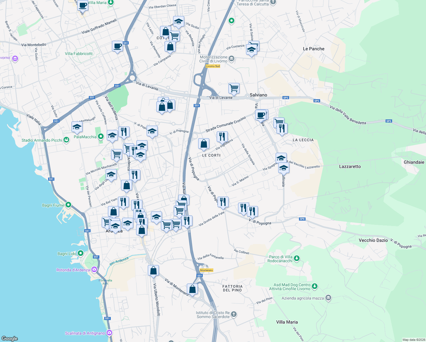 map of restaurants, bars, coffee shops, grocery stores, and more near Via delle Corti in Livorno