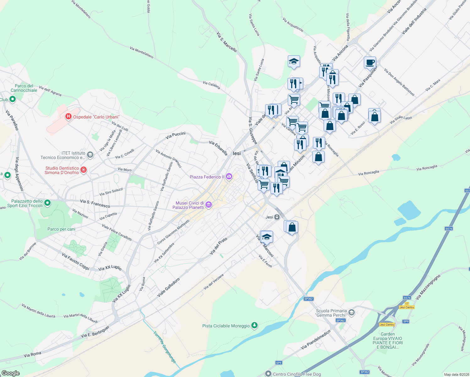 map of restaurants, bars, coffee shops, grocery stores, and more near 12A Via Valle in Jesi