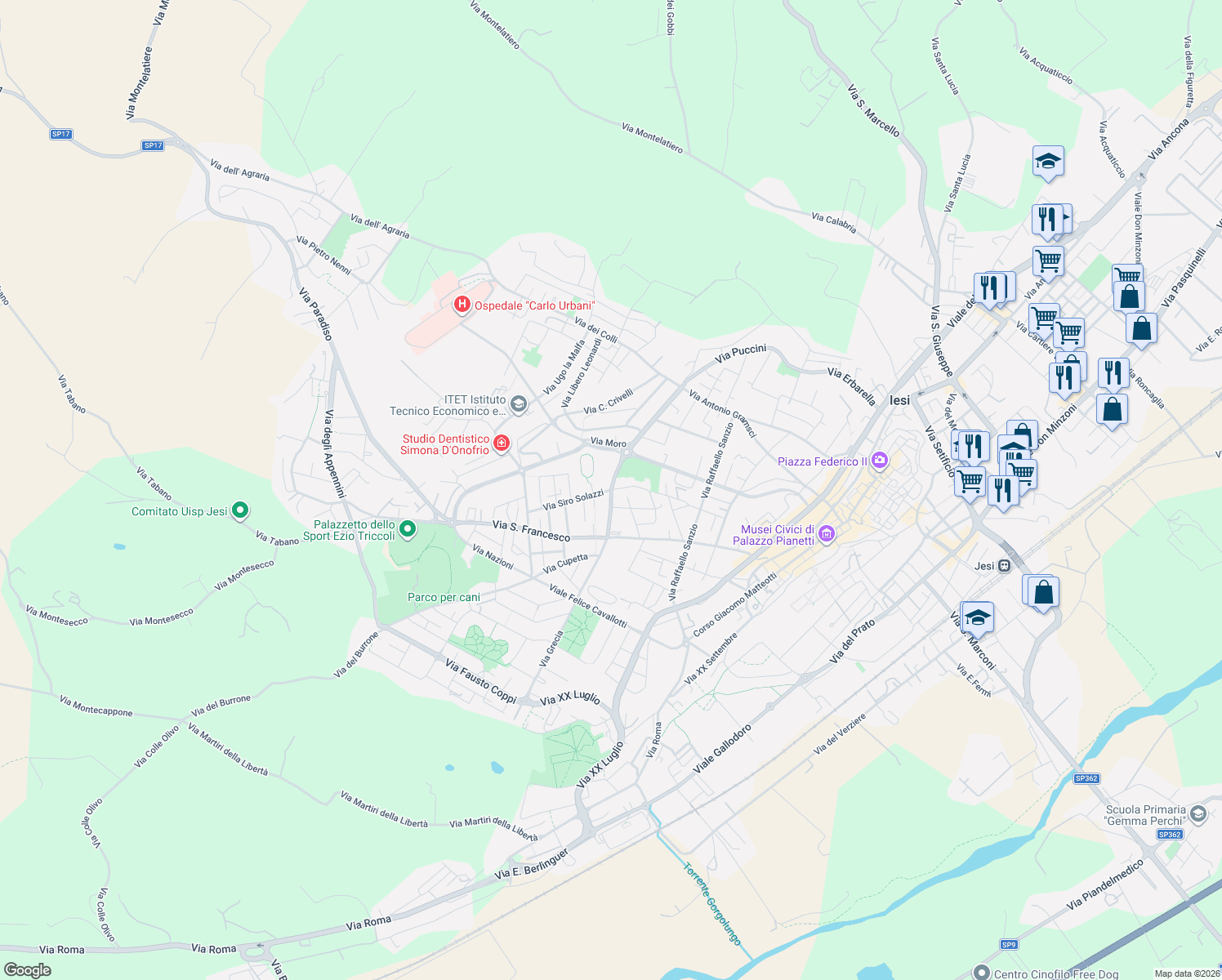 map of restaurants, bars, coffee shops, grocery stores, and more near 20 Viale Giuseppe Verdi in Jesi