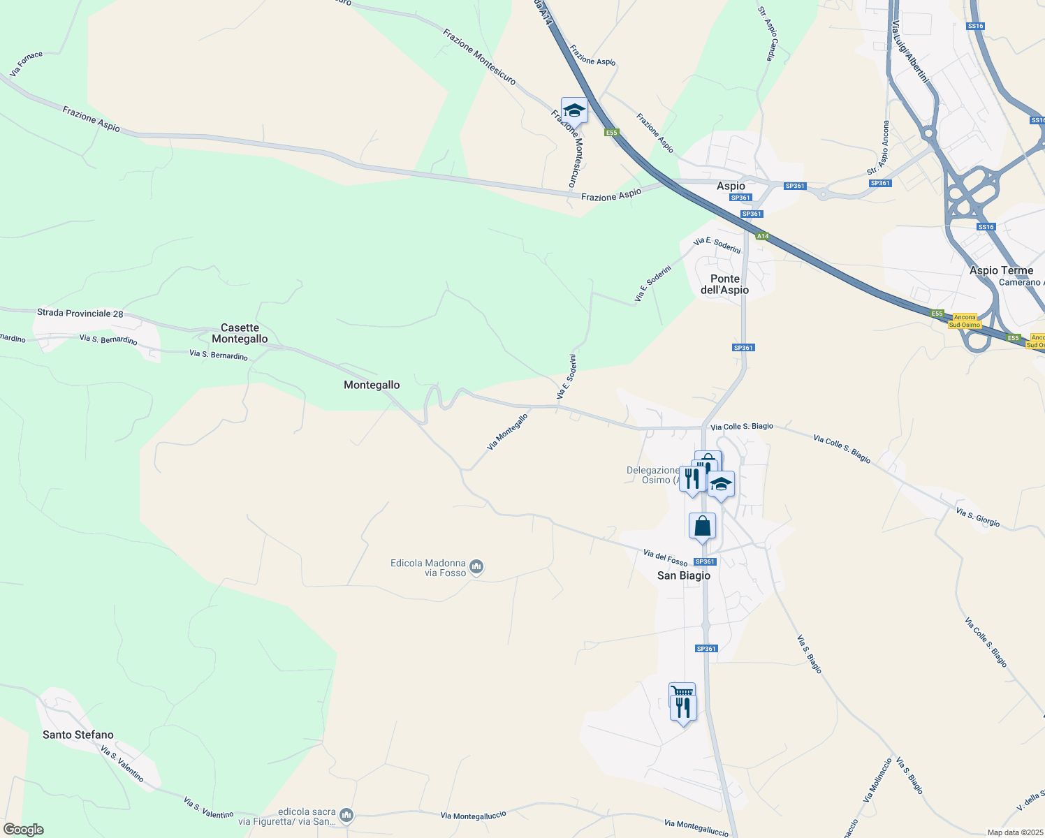 map of restaurants, bars, coffee shops, grocery stores, and more near 43 Via Montegallo in Provincia di Ancona