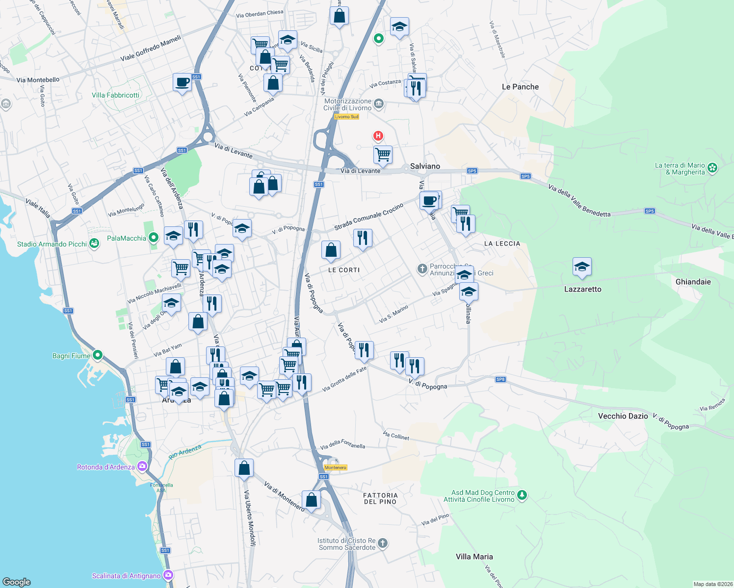 map of restaurants, bars, coffee shops, grocery stores, and more near 14 Via Bulgaria in Livorno