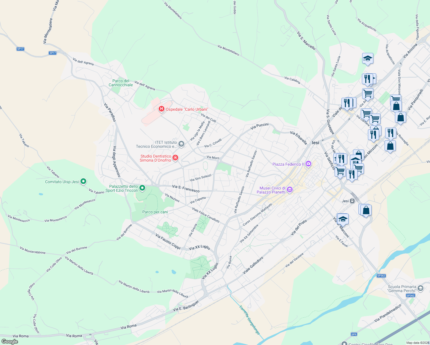 map of restaurants, bars, coffee shops, grocery stores, and more near 20 Viale Giuseppe Verdi in Jesi