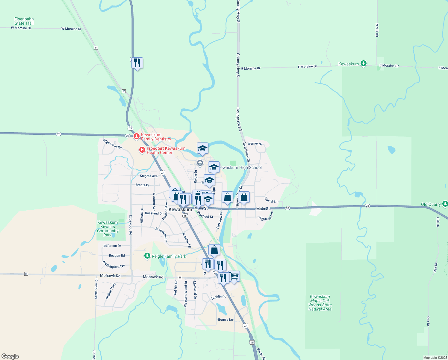 map of restaurants, bars, coffee shops, grocery stores, and more near 384 3rd St in Kewaskum
