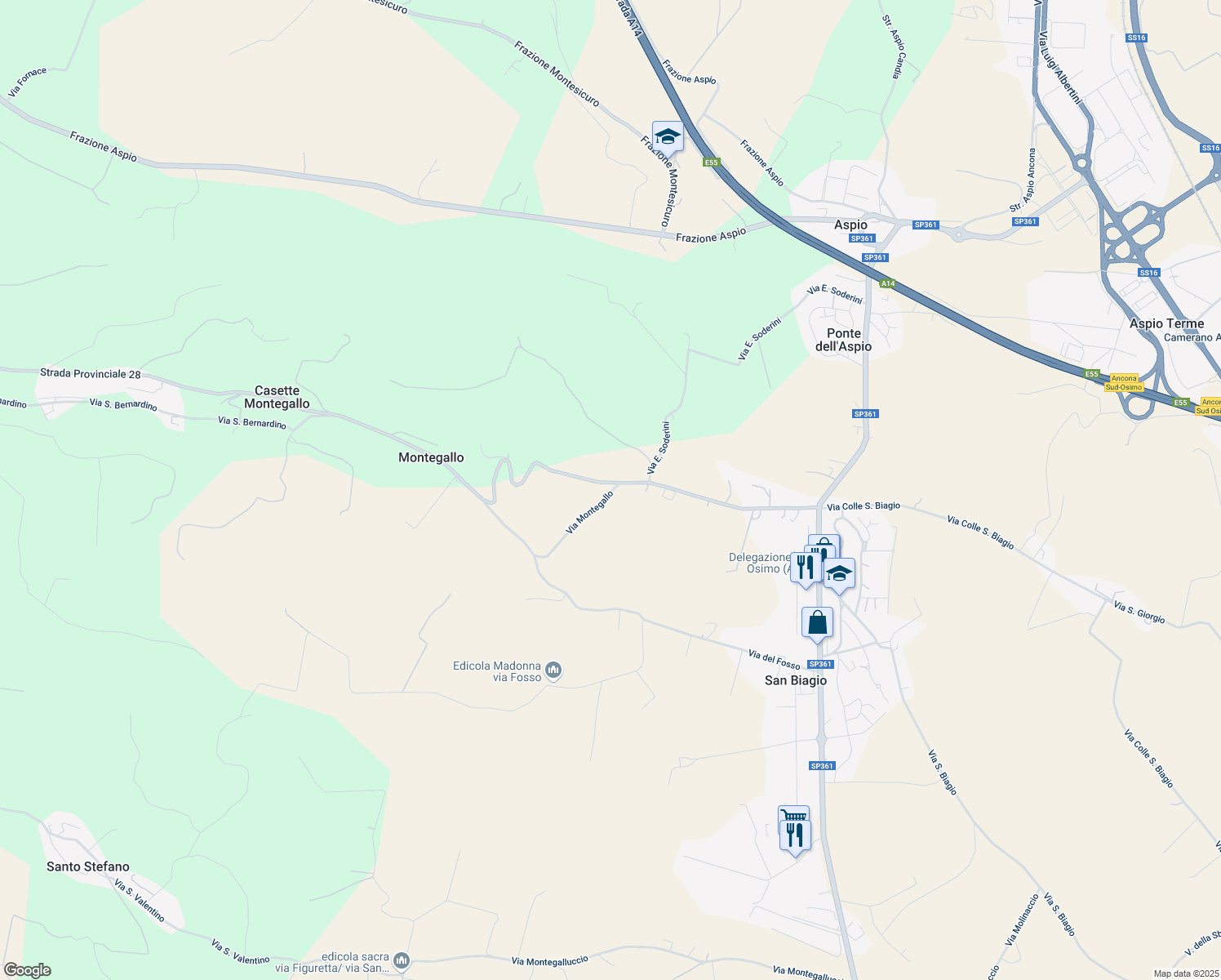 map of restaurants, bars, coffee shops, grocery stores, and more near 43 Via Montegallo in Provincia di Ancona