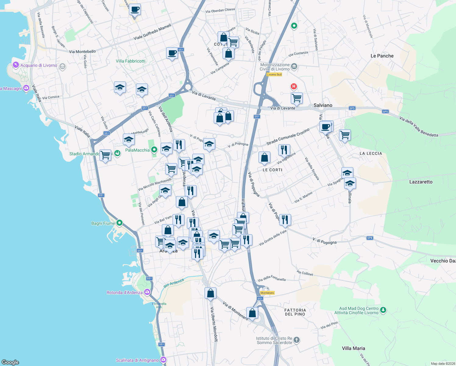 map of restaurants, bars, coffee shops, grocery stores, and more near 44 Via Ludovico Antonio Muratori in Livorno