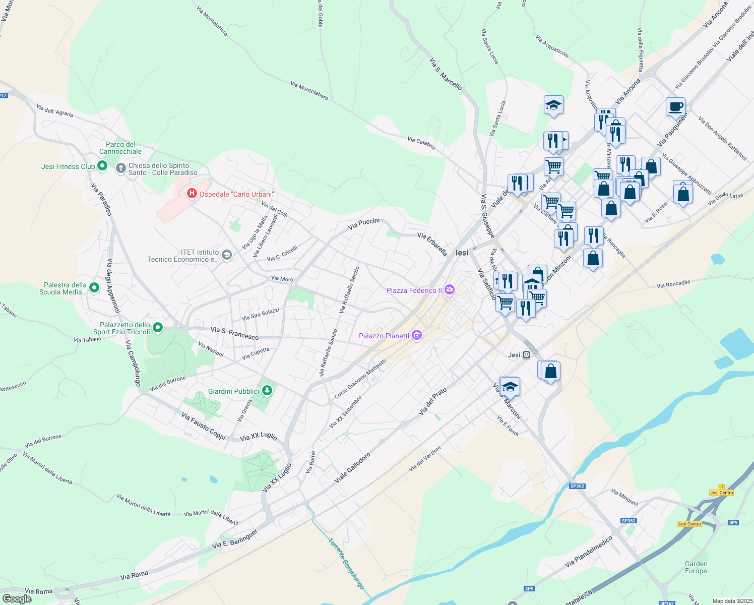 map of restaurants, bars, coffee shops, grocery stores, and more near 23 Via Piccitù in Jesi