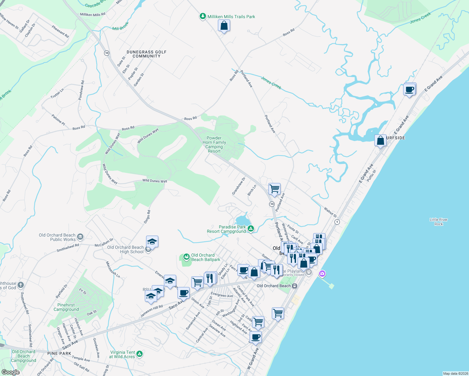 map of restaurants, bars, coffee shops, grocery stores, and more near 37 Birch Ln in Old Orchard Beach