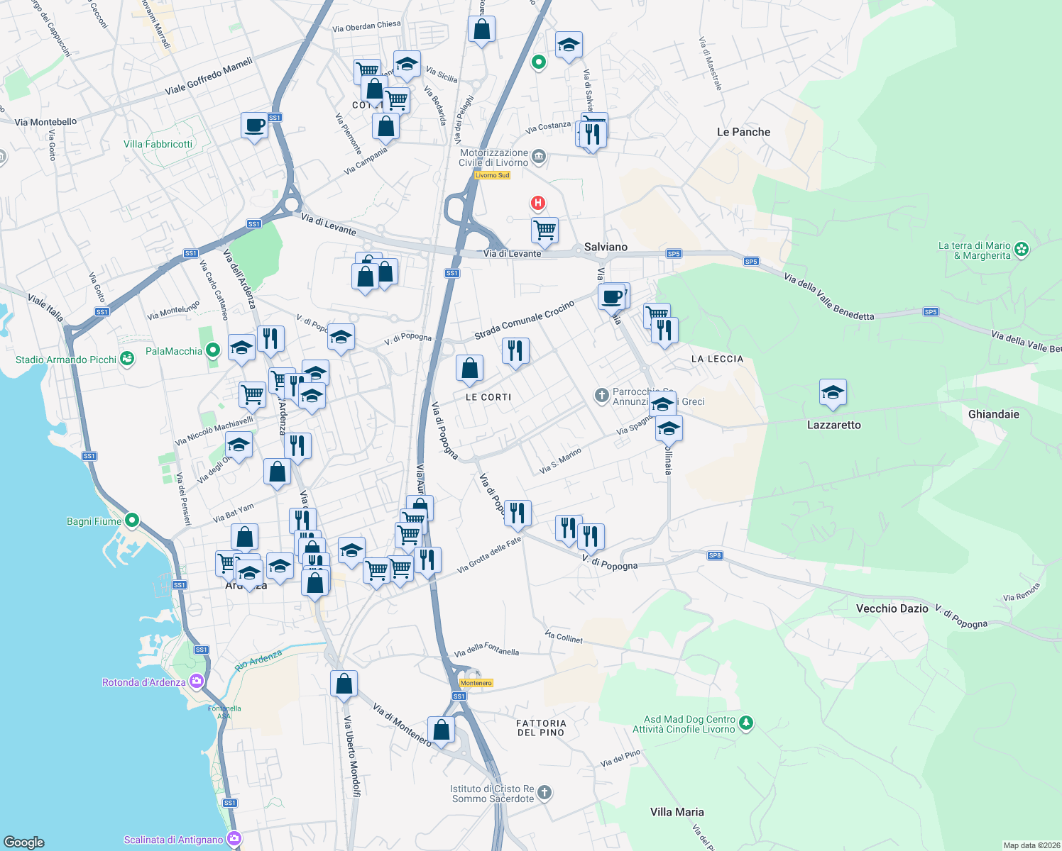 map of restaurants, bars, coffee shops, grocery stores, and more near 14 Via Bulgaria in Livorno