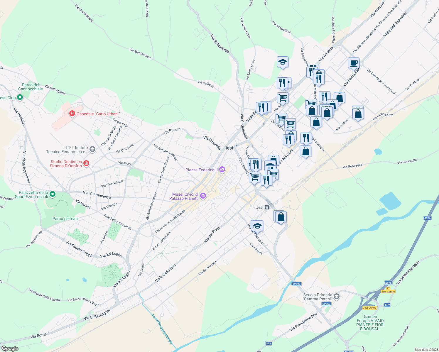 map of restaurants, bars, coffee shops, grocery stores, and more near 54 Via Pergolesi in Jesi