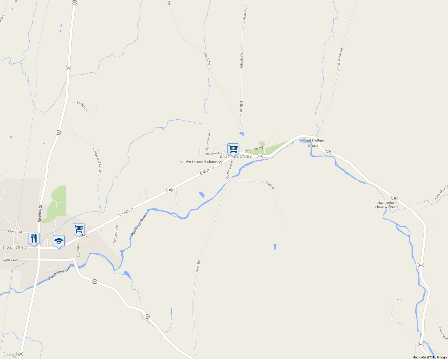 map of restaurants, bars, coffee shops, grocery stores, and more near 160 On the Green in Poultney