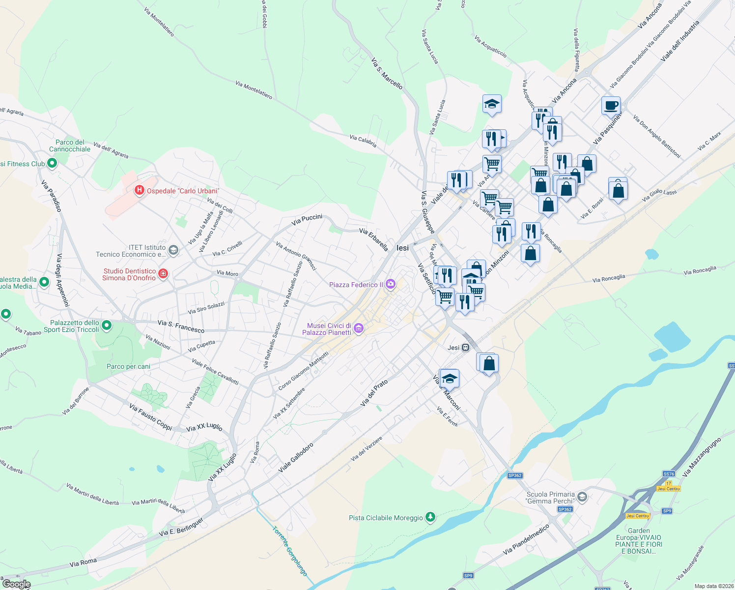 map of restaurants, bars, coffee shops, grocery stores, and more near 9 Via Nazario Sauro in Jesi