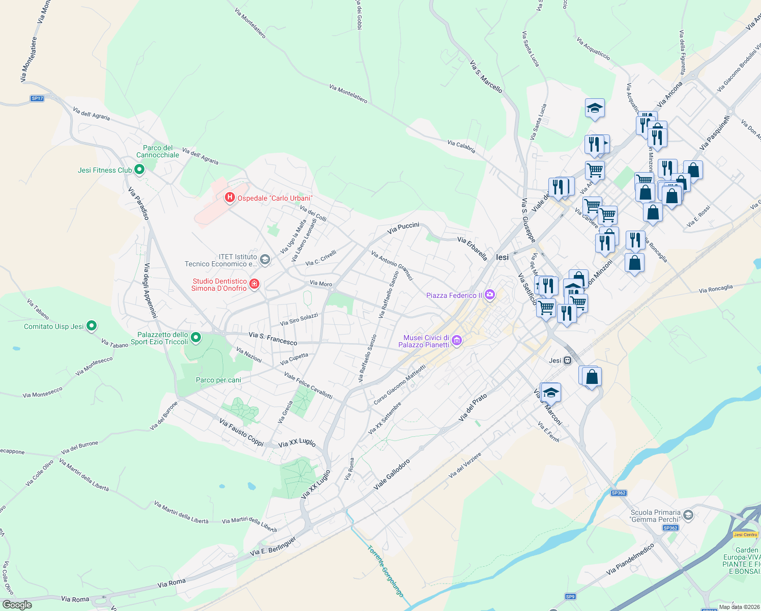 map of restaurants, bars, coffee shops, grocery stores, and more near 12 Viale Papa Giovanni XXIII in Jesi