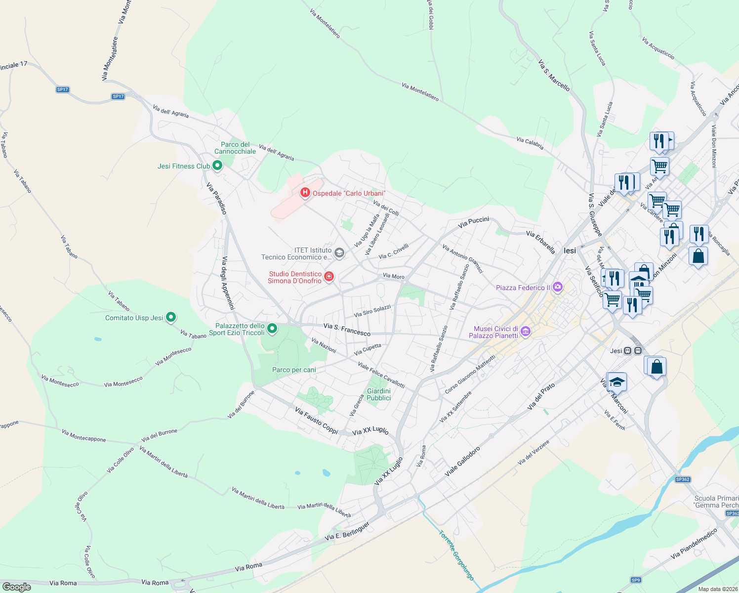 map of restaurants, bars, coffee shops, grocery stores, and more near 3 Via Arzelio Felcini in Jesi