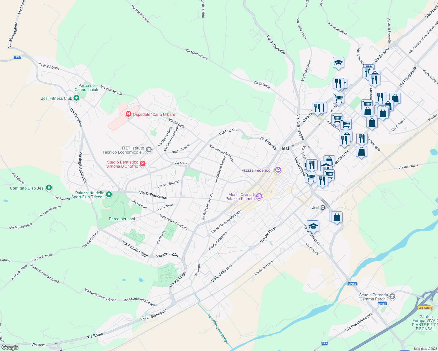 map of restaurants, bars, coffee shops, grocery stores, and more near 12 Viale Papa Giovanni XXIII in Jesi