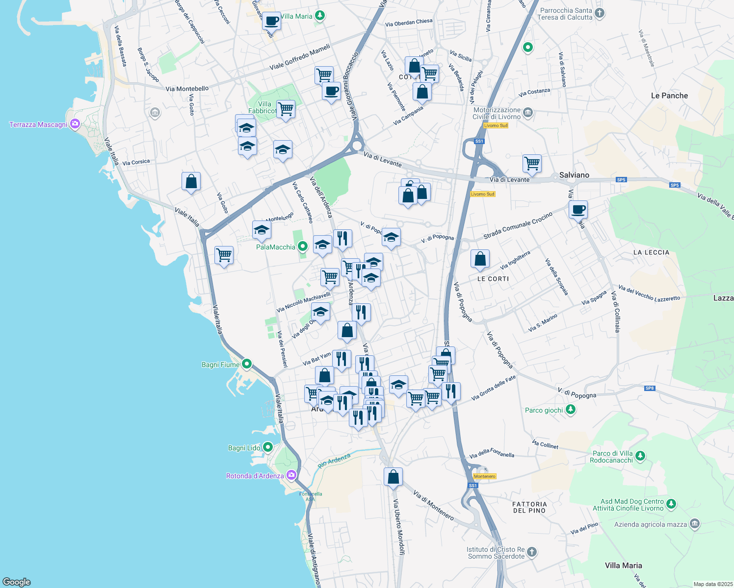 map of restaurants, bars, coffee shops, grocery stores, and more near 12 Via Luigi Settembrini in Livorno