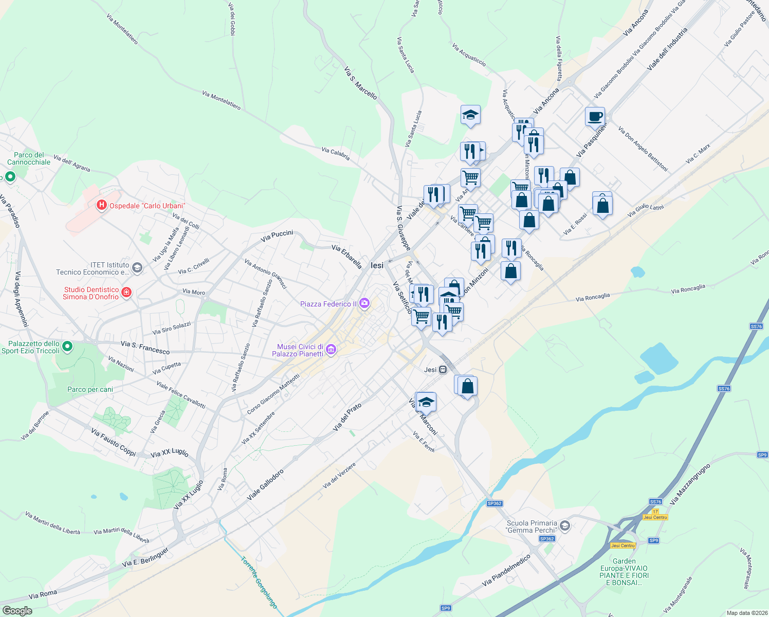 map of restaurants, bars, coffee shops, grocery stores, and more near 12A Via Valle in Jesi