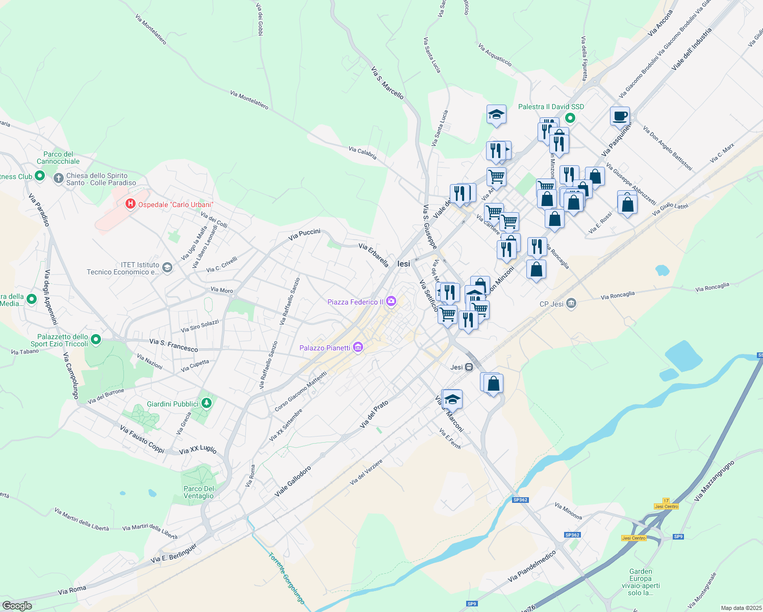 map of restaurants, bars, coffee shops, grocery stores, and more near 2B Piazza Federico II in Jesi