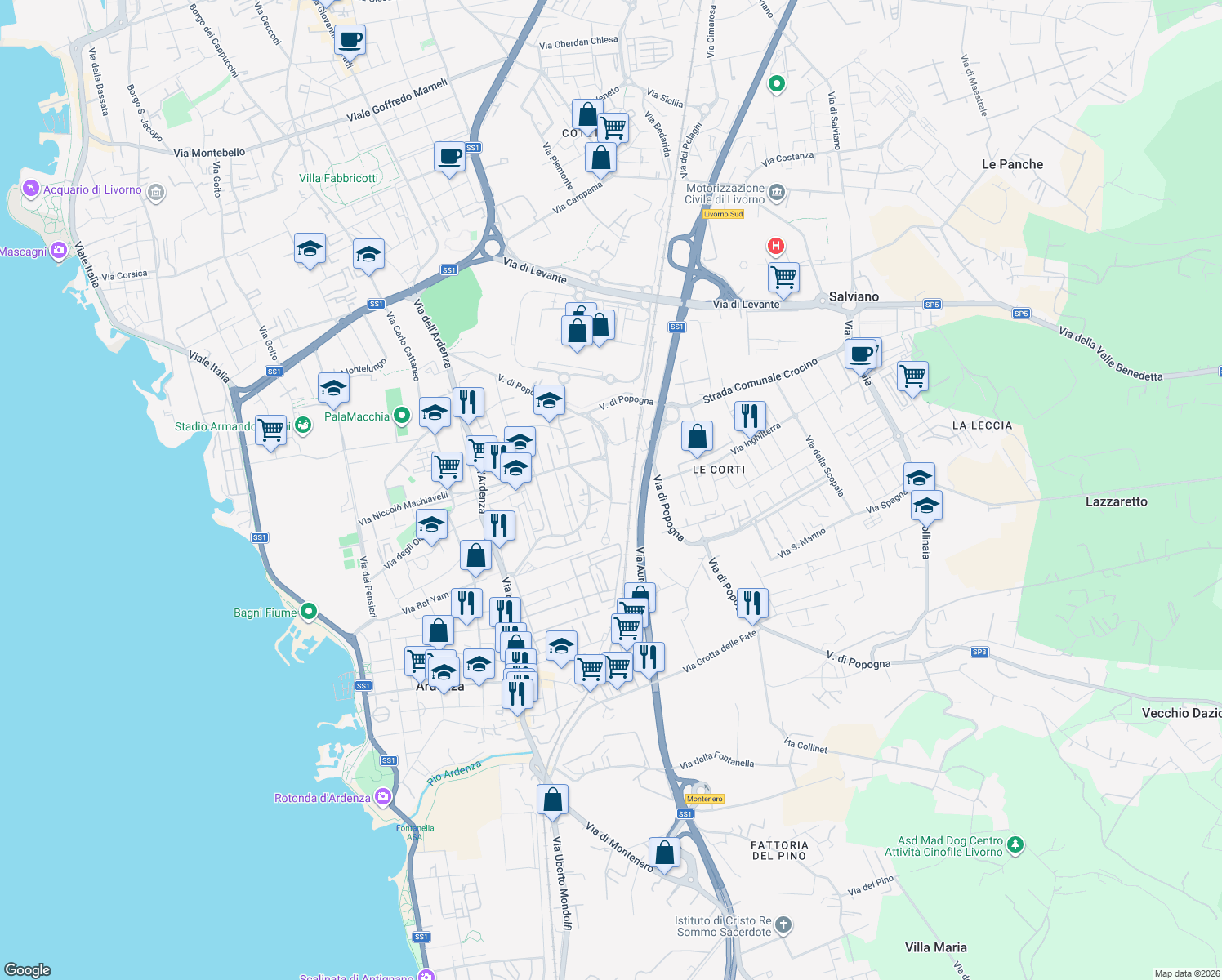 map of restaurants, bars, coffee shops, grocery stores, and more near 44 Via Ludovico Antonio Muratori in Livorno