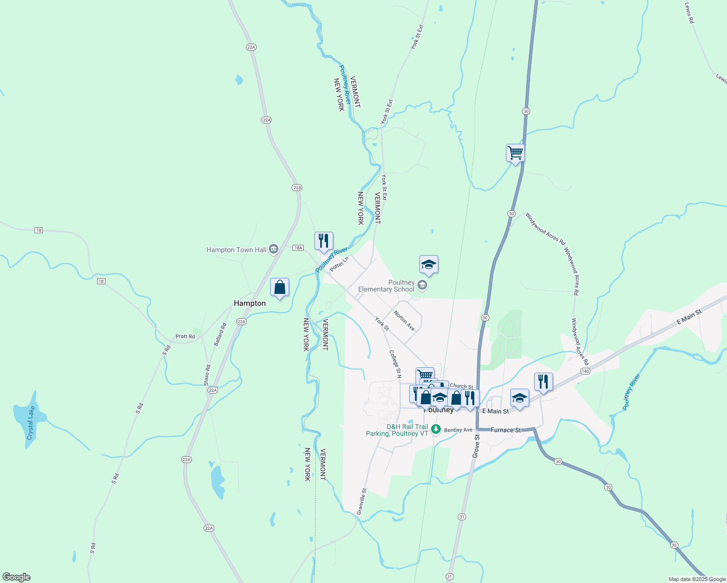 map of restaurants, bars, coffee shops, grocery stores, and more near 106-110 York Street in Poultney