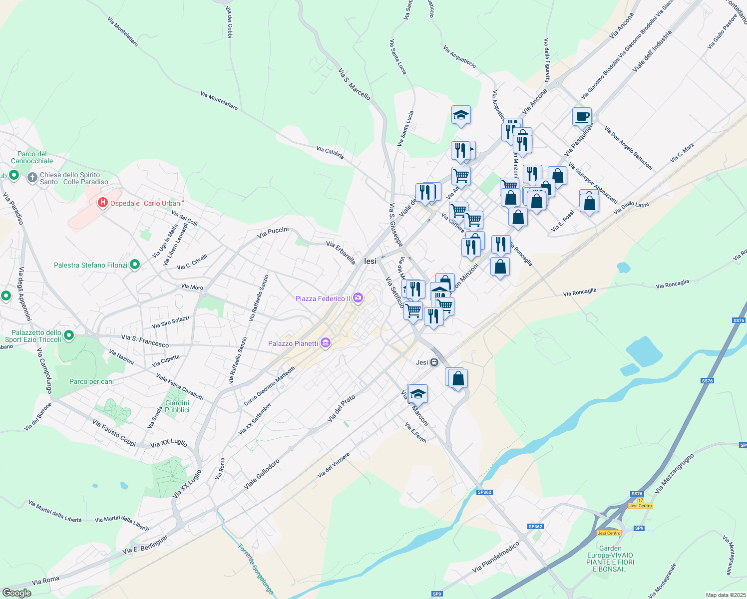 map of restaurants, bars, coffee shops, grocery stores, and more near 12A Via Valle in Jesi