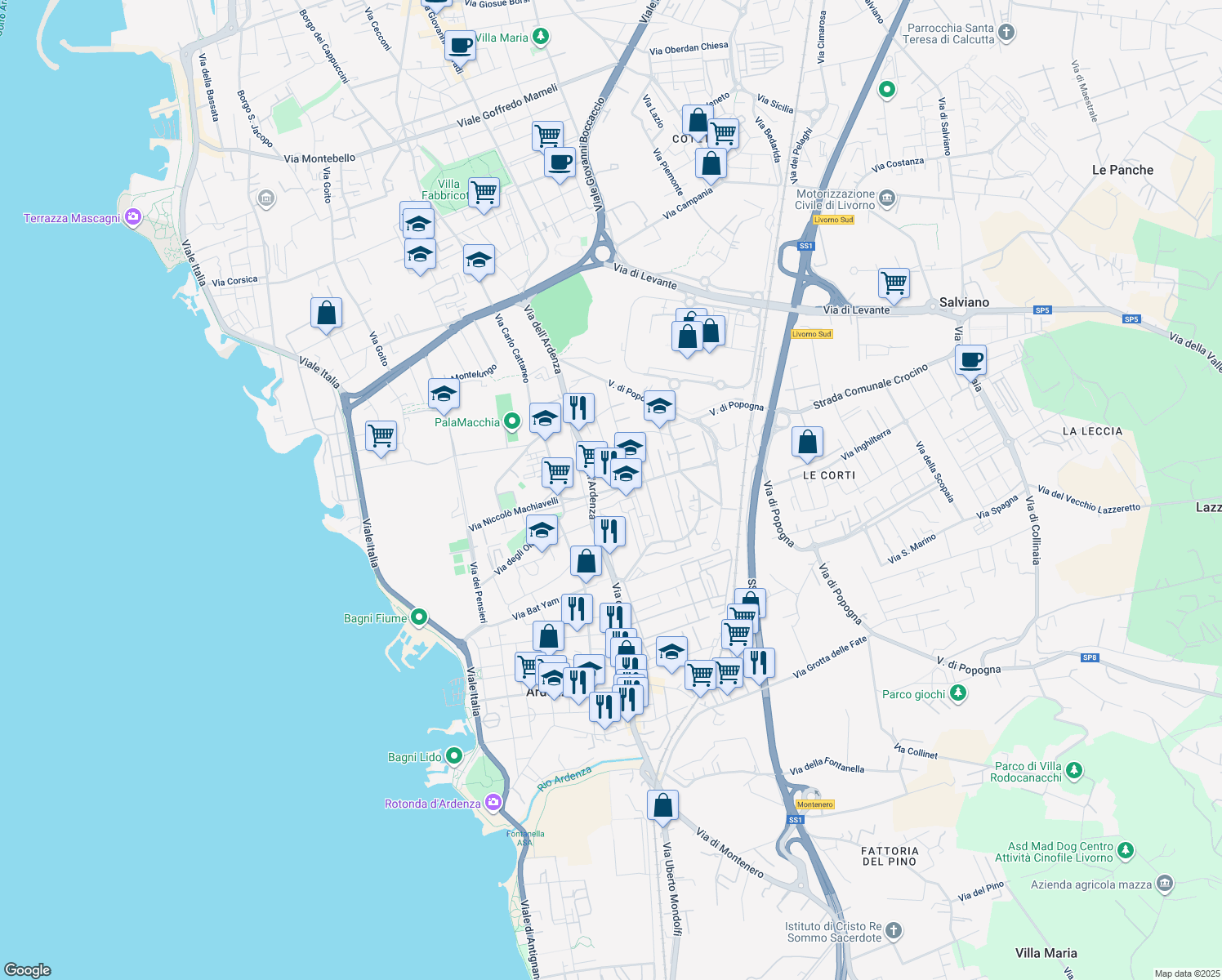 map of restaurants, bars, coffee shops, grocery stores, and more near 12 Via Luigi Settembrini in Livorno