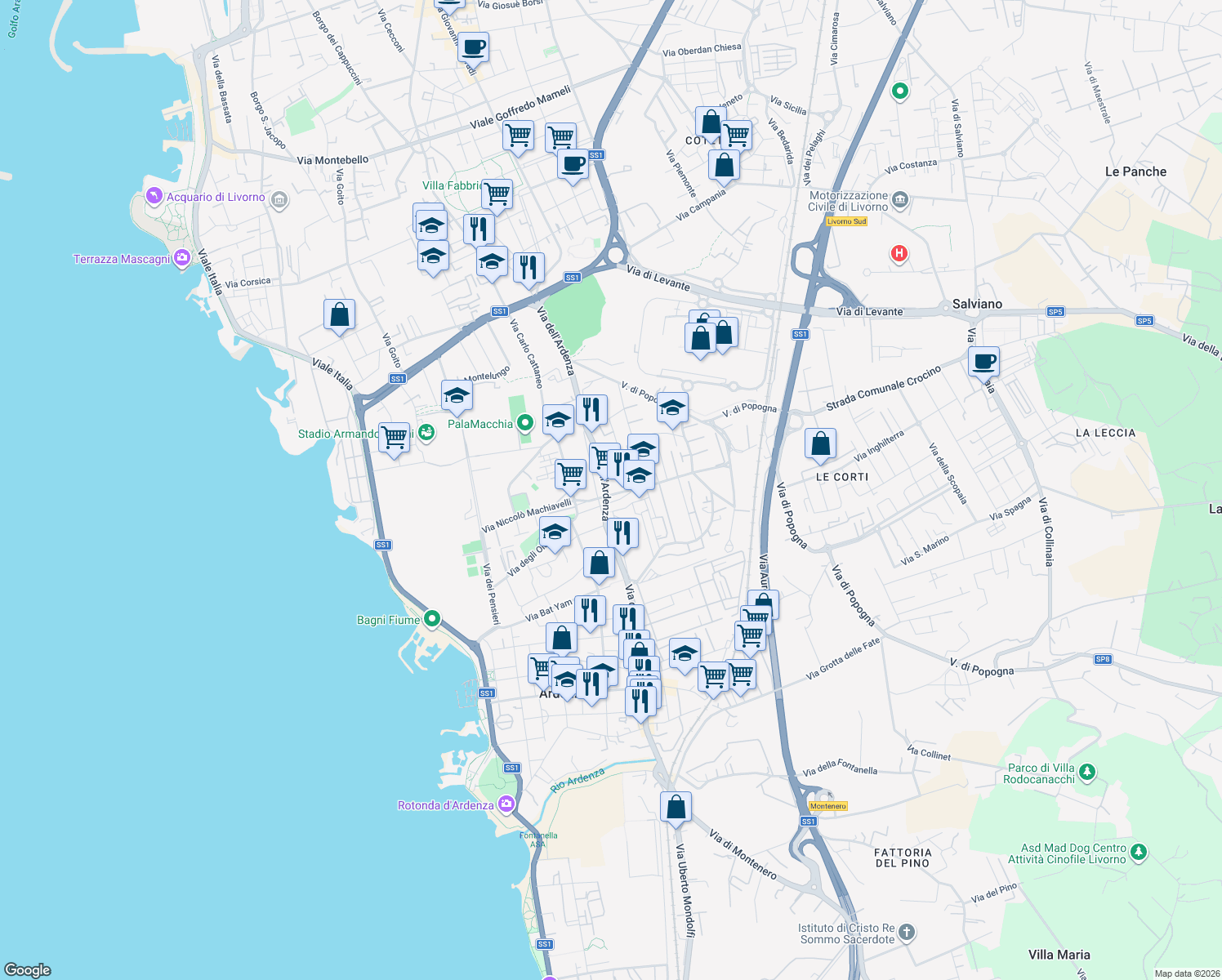 map of restaurants, bars, coffee shops, grocery stores, and more near 97 Via Ardenza in Livorno