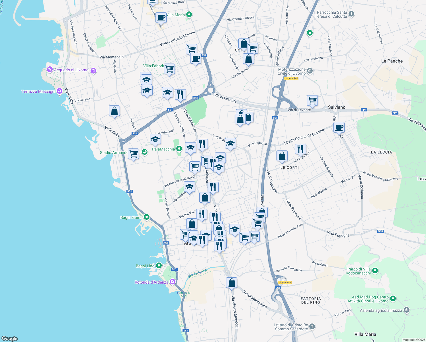 map of restaurants, bars, coffee shops, grocery stores, and more near Via Luigi Settembrini in Livorno