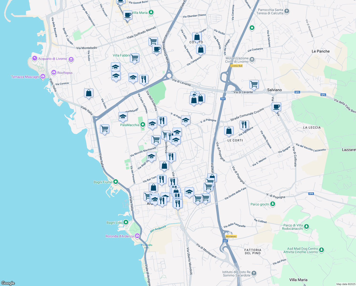 map of restaurants, bars, coffee shops, grocery stores, and more near Via Luigi Settembrini in Livorno