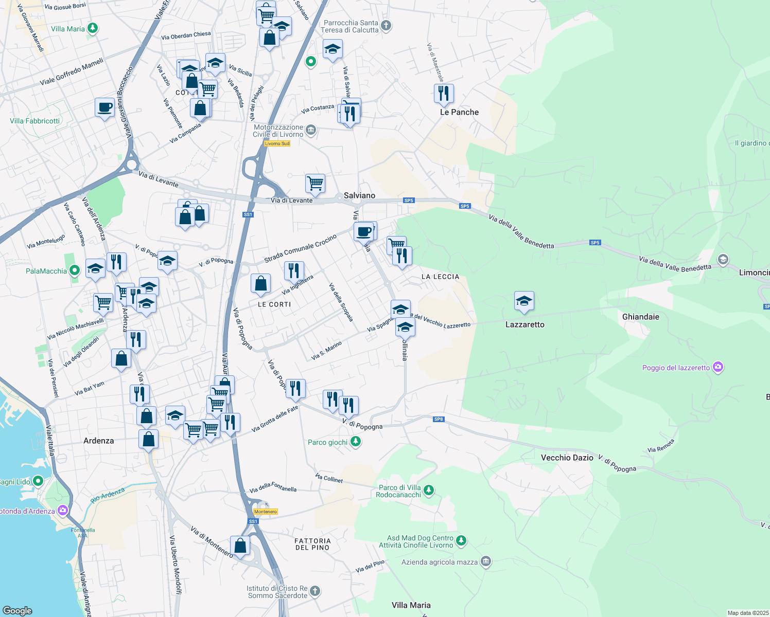 map of restaurants, bars, coffee shops, grocery stores, and more near 33 Via Francia in Livorno