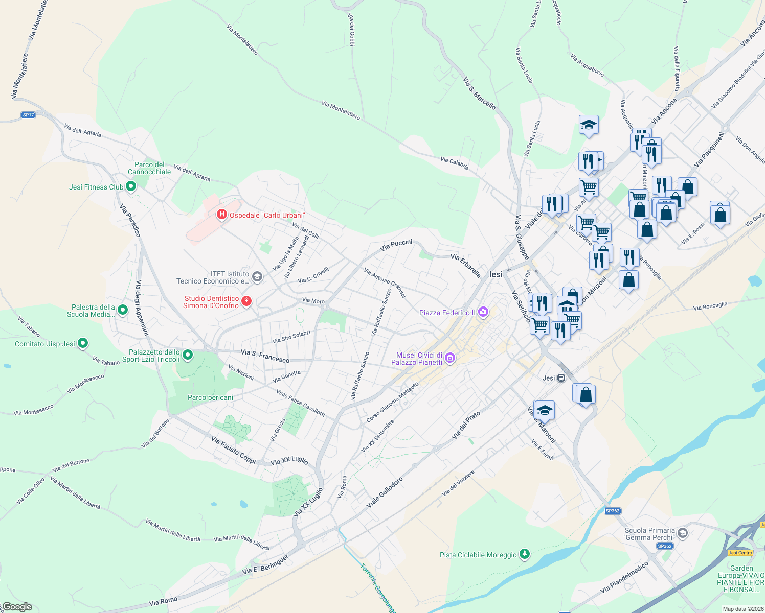 map of restaurants, bars, coffee shops, grocery stores, and more near 73 Via Raffaello Sanzio in Jesi