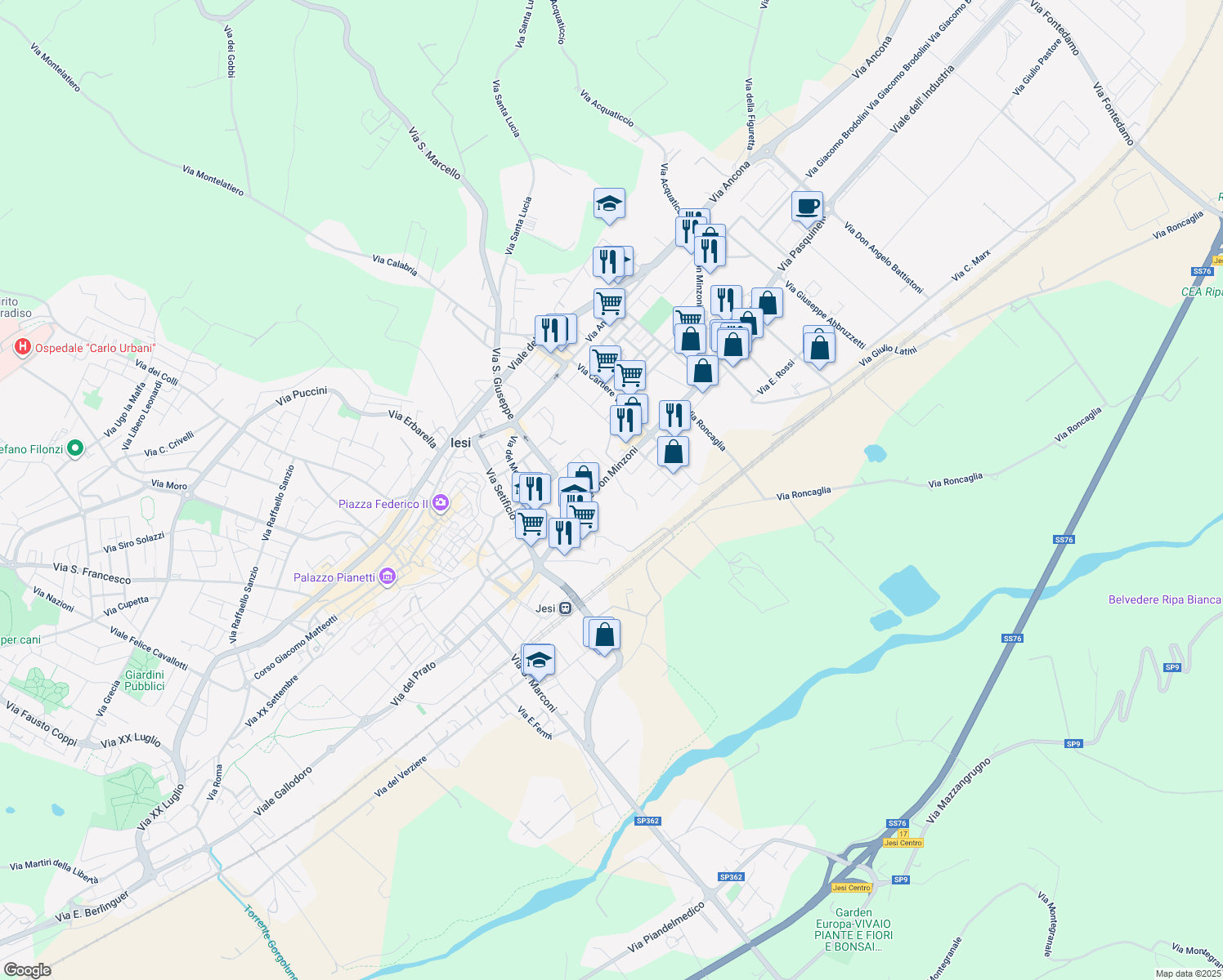 map of restaurants, bars, coffee shops, grocery stores, and more near 5 Viale Don Minzoni in Jesi