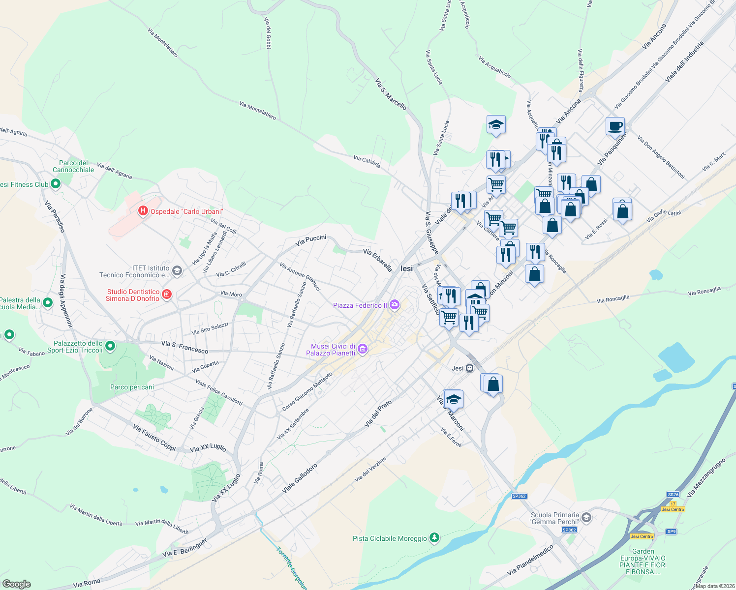 map of restaurants, bars, coffee shops, grocery stores, and more near 5 Via San Marco in Jesi
