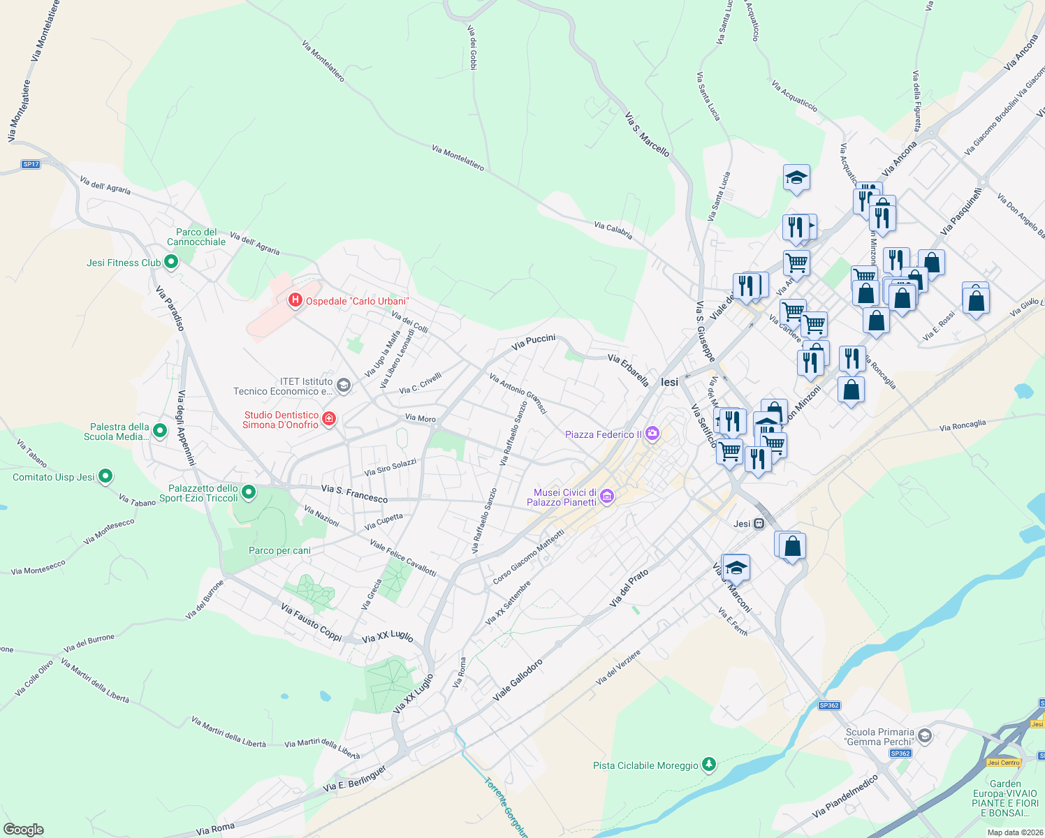 map of restaurants, bars, coffee shops, grocery stores, and more near 73 Via Raffaello Sanzio in Jesi