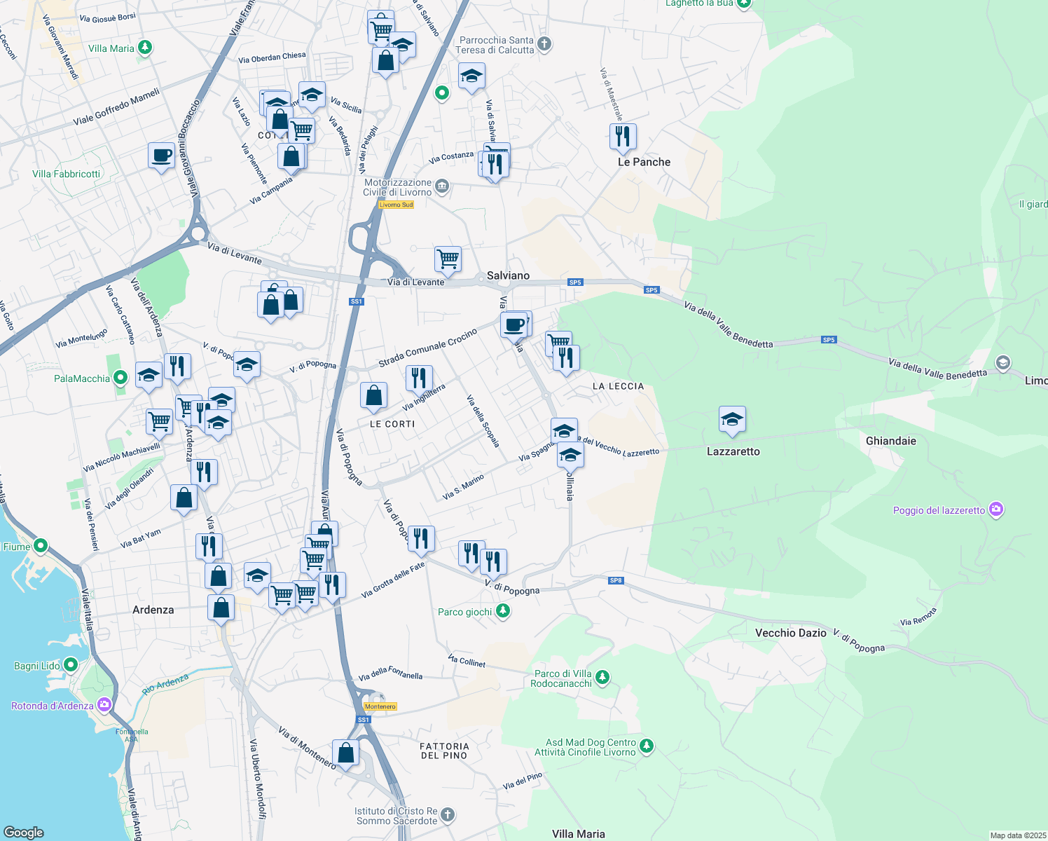 map of restaurants, bars, coffee shops, grocery stores, and more near 33 Via Francia in Livorno