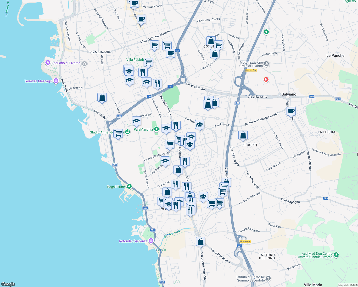 map of restaurants, bars, coffee shops, grocery stores, and more near 97 Via dell'Ardenza in Livorno