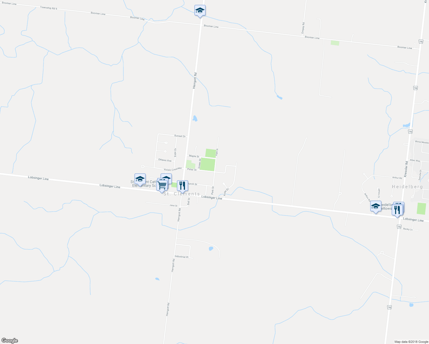 map of restaurants, bars, coffee shops, grocery stores, and more near Park Street in Waterloo Regional Municipality